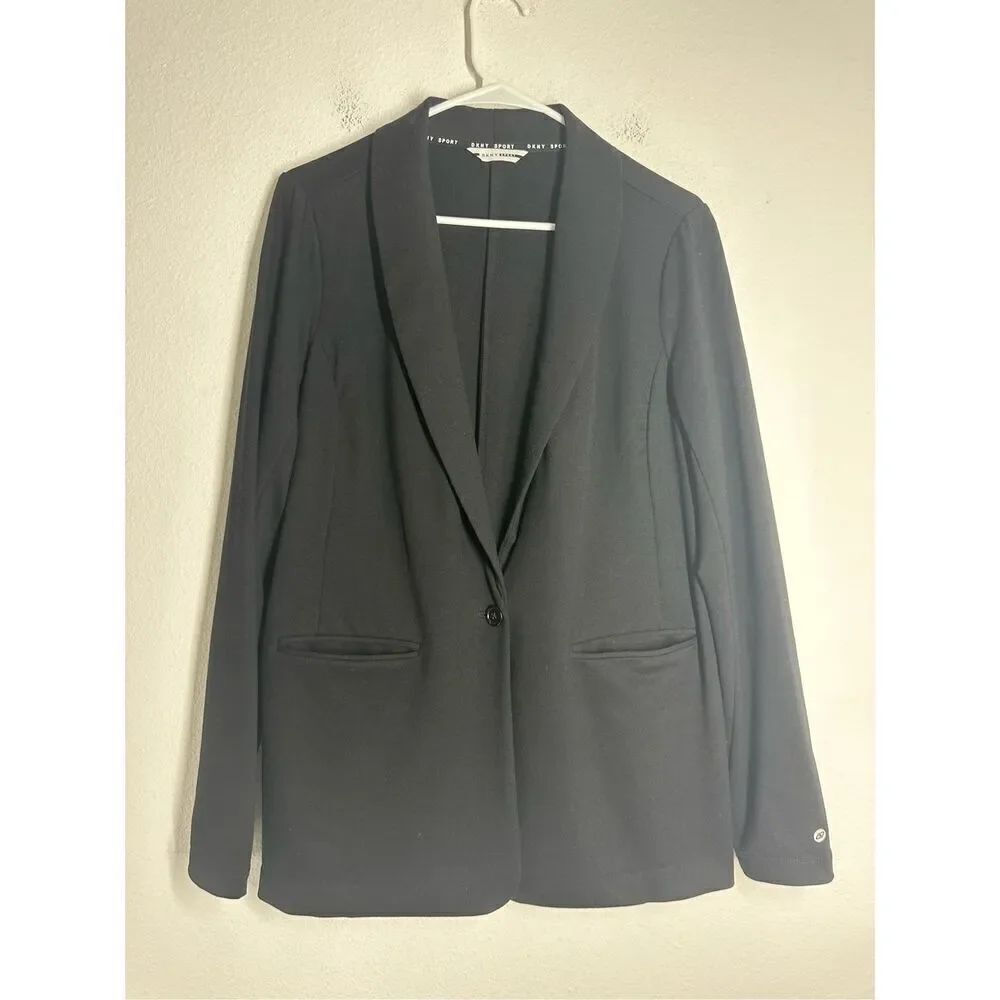 DKNY Sport Women’s Black Knit One Button Blazer Pockets See Description